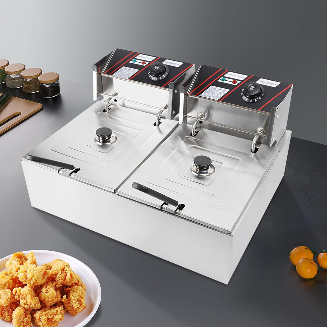 Elektrische Friteuse mit Fett 5000W 6 L Kommerzielle Doppel Fritteusen Gastronomie Edelstahl Kaltzon