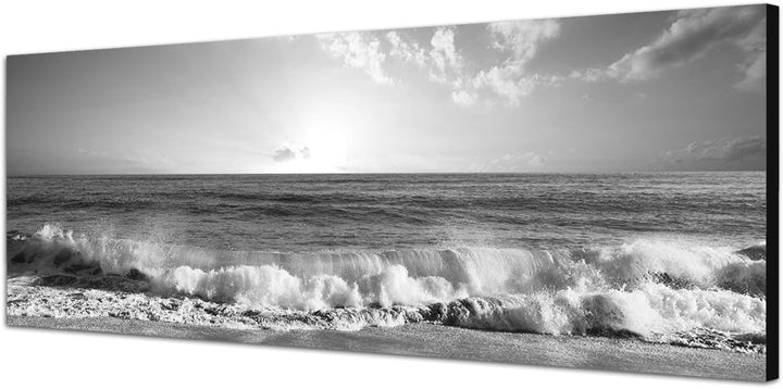 Paul Sinus Art Leinwandfoto als Panorama SCHWARZ/Weiss 150x50cm Meer Strand Wellen Sonnenuntergang W