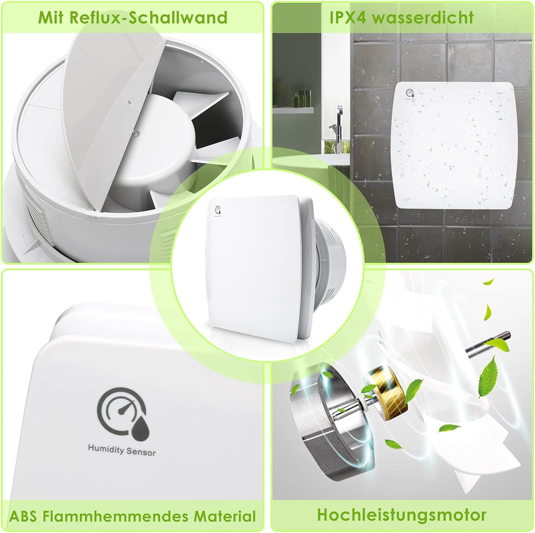 Herrselsam Badlüfter 100mm mit Feuchtigkeitssensor und Rückstauklappe timer, Badezimmerlüfter Wohnra
