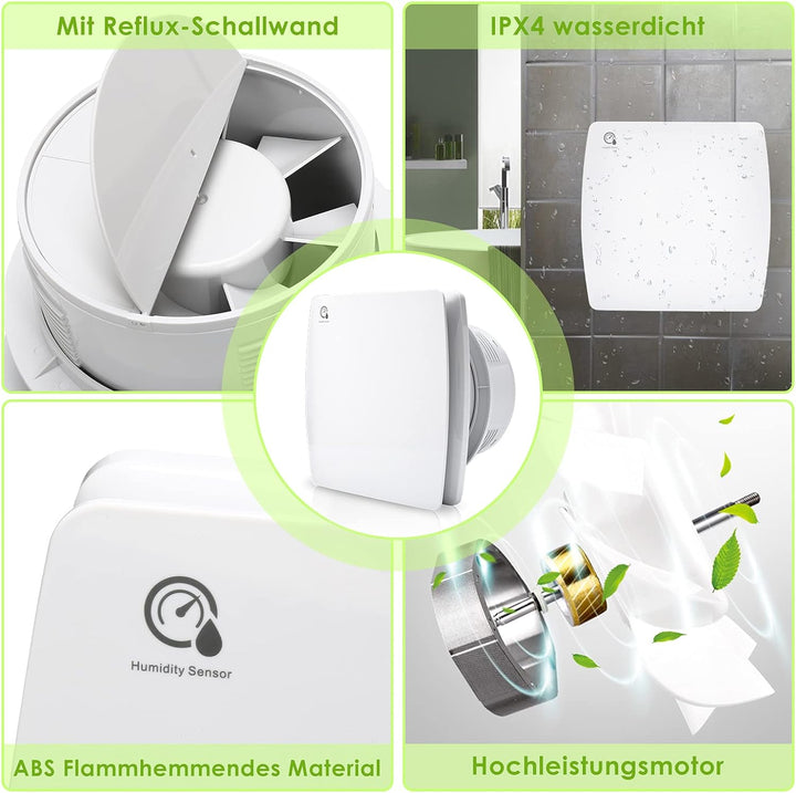 Herrselsam Badlüfter 100mm mit Feuchtigkeitssensor und Rückstauklappe timer, Badezimmerlüfter Wohnra