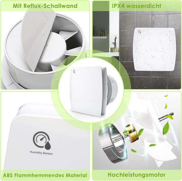 Badlüfter 150mm mit Feuchtigkeitssensor und Rückstauklappe timer, Badezimmerlüfter Wohnraumlüfter Ba
