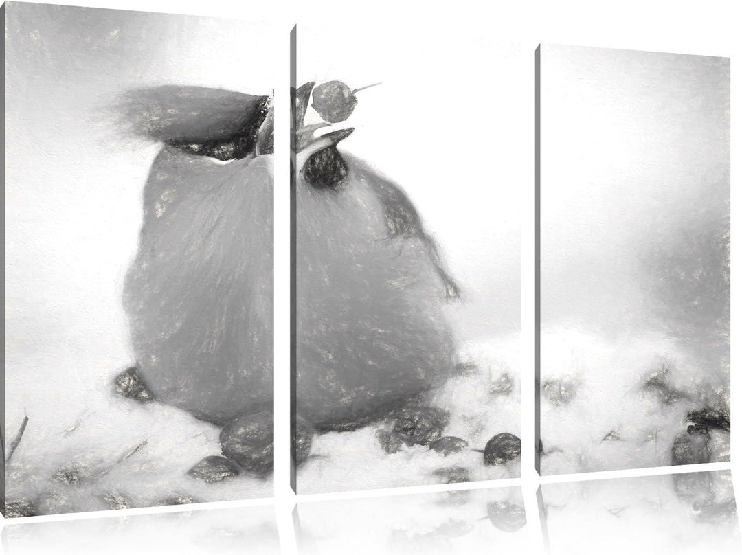 Pixxprint Kleiner Vogel im Schnee Kohle Zeichnung Effekt 3-Teiler Leinwandbild 120x80 Bild auf Leinw