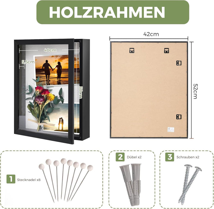 Muzilife Holz 3D Bilderrahmen zum Befüllen mit Öffnung 40x50cm Schwarz Schwarz 40x50cm, Schwarz 40x5