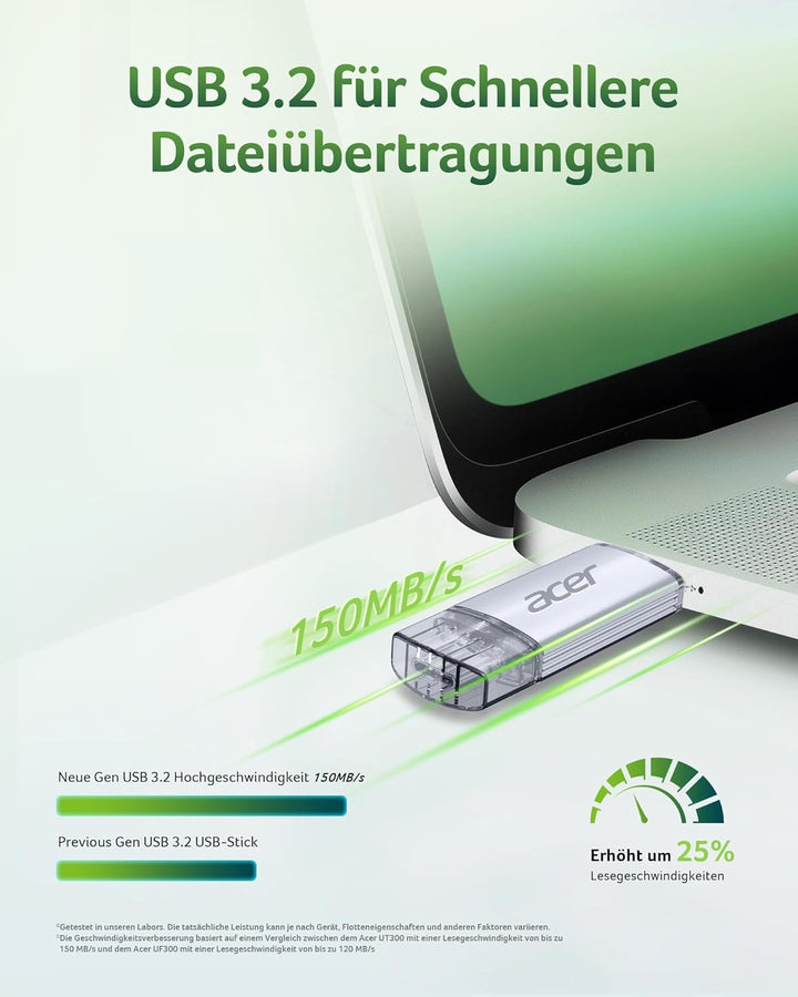 Acer USB-Stick UT300 256GB USB 3.2 Gen1, bis zu 150 MB/s, mit Dual-Anschluss Typ-A & Typ-C Flash Dri