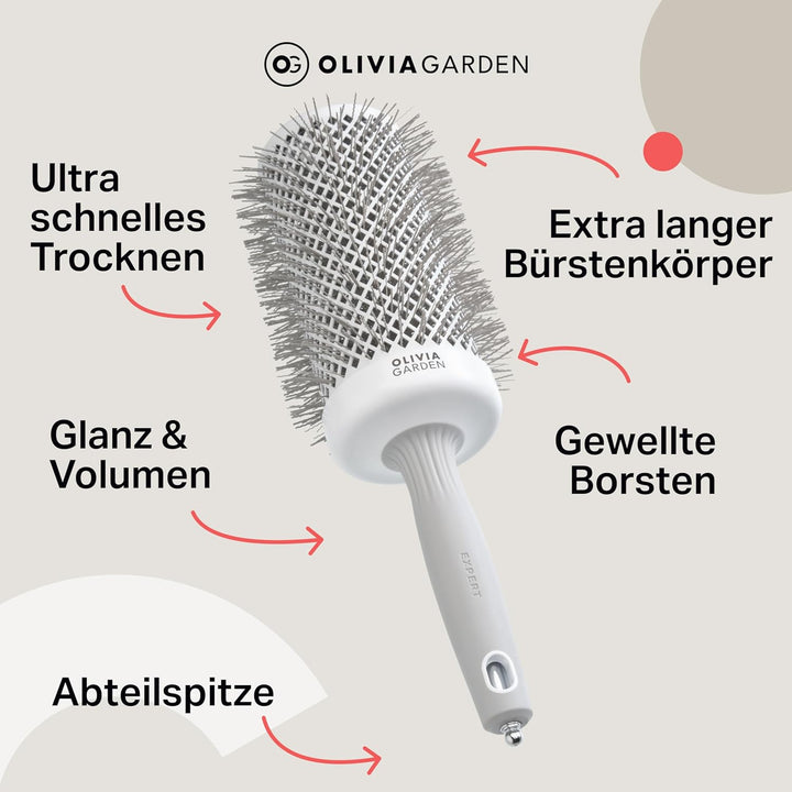Olivia Garden Expert Blowout Speed – Weiss & Grau - 65 - Keramik-Rundbürste mit extra langem Barrel