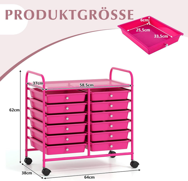 COSTWAY Rollwagen mit 12 stapelbaren Schubladen, Schubladenwagen Rollcontainer mit Metallgestell & A