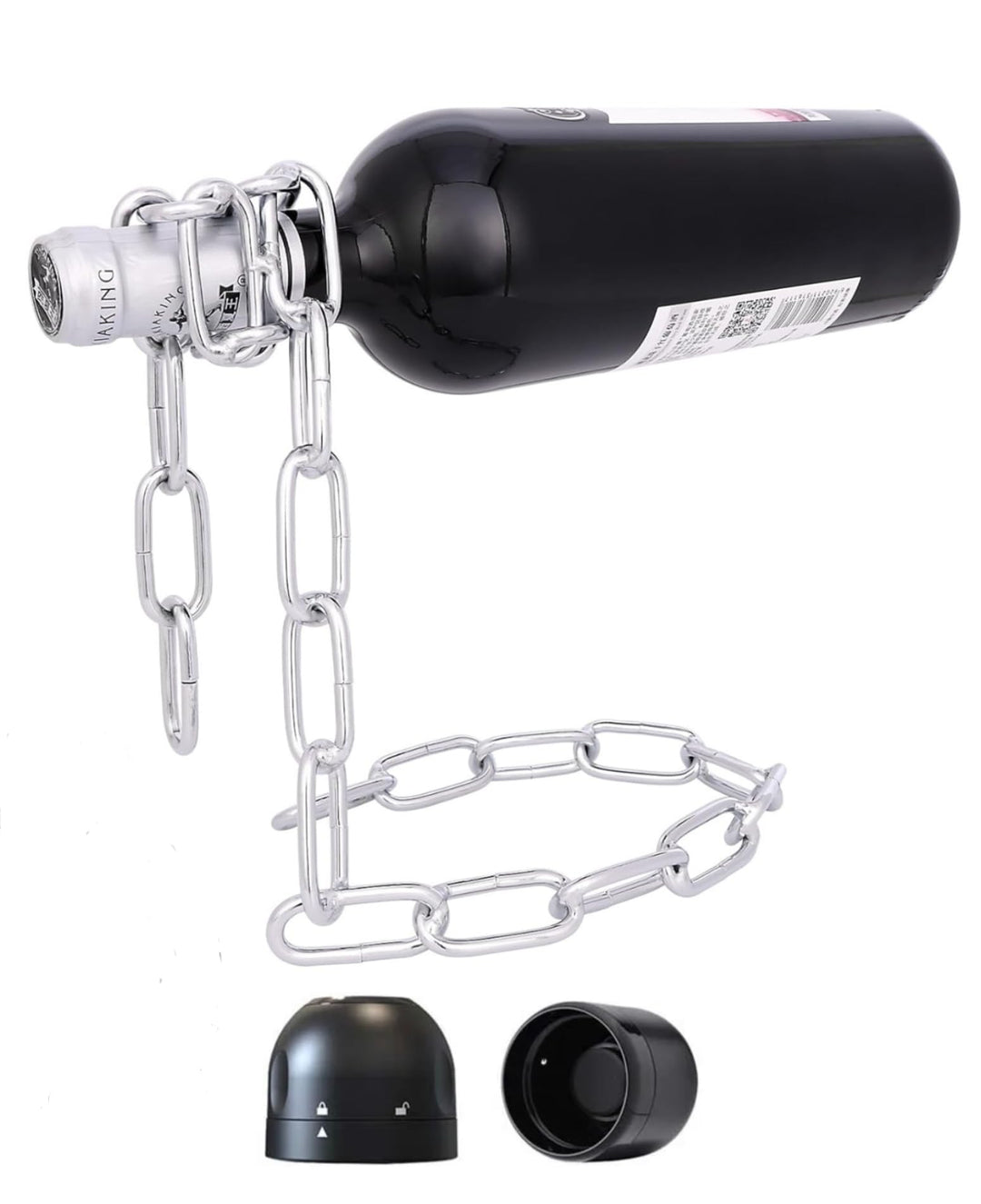 Weinflaschenhalter Kette schwebend inkl. Wein und Sektstopper - Magischer Design Weinhalter aus hoch