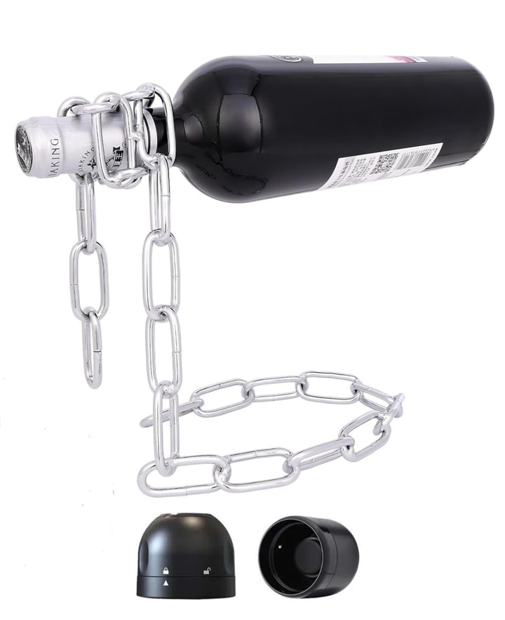 Weinflaschenhalter Kette schwebend inkl. Wein und Sektstopper - Magischer Design Weinhalter aus hoch