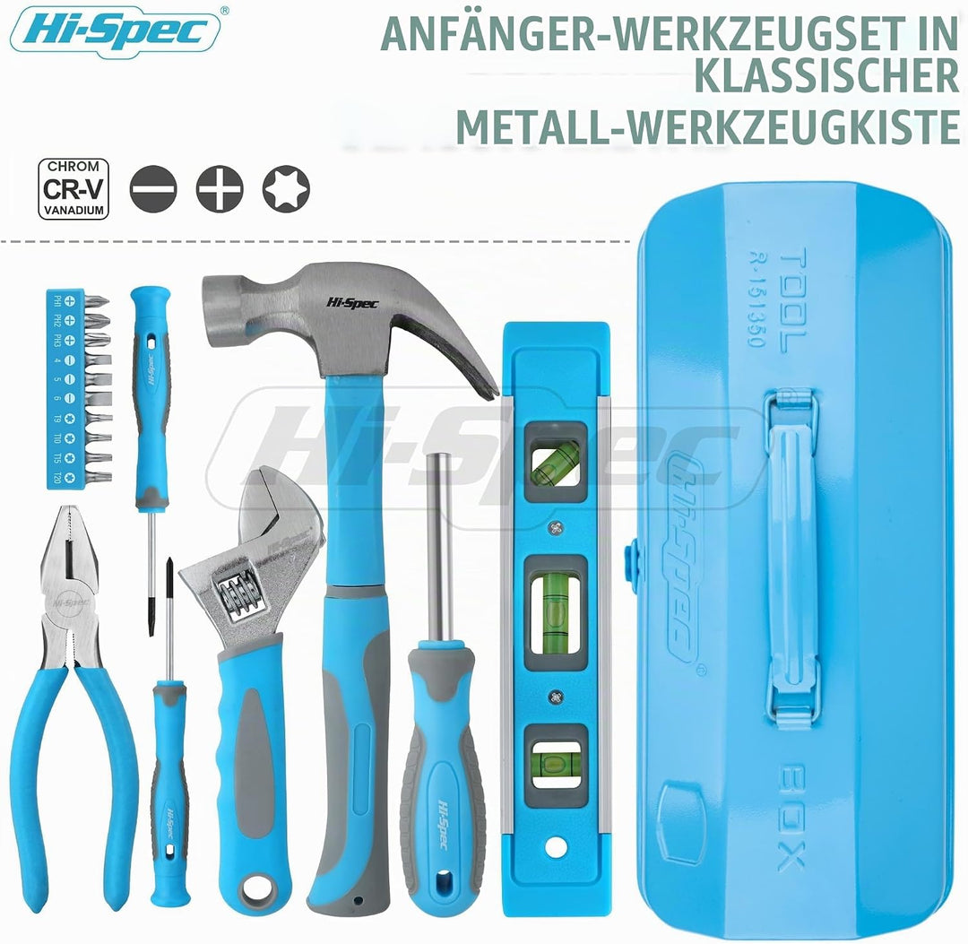 Hi-Spec Werkzeug-set für Anfänger in Blauer Metallbox. Komplettes echtes Handwerkzeug für Heimwerker