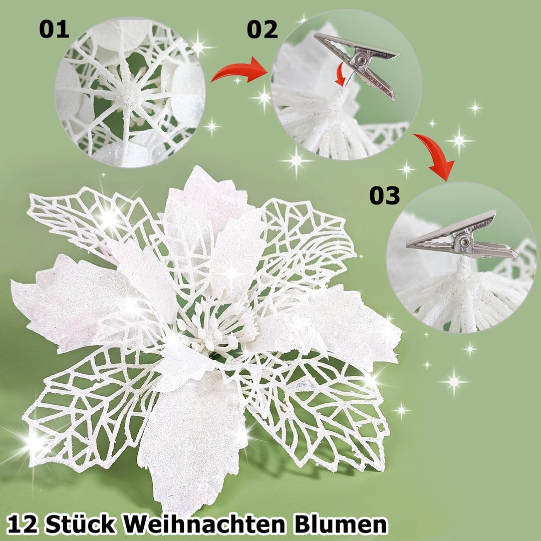 GLITZFAS 12 Stück Glitter Weihnachtsbaum Dekoration, Weihnachtsbaumschmuck Ornament Weihnachten Blum