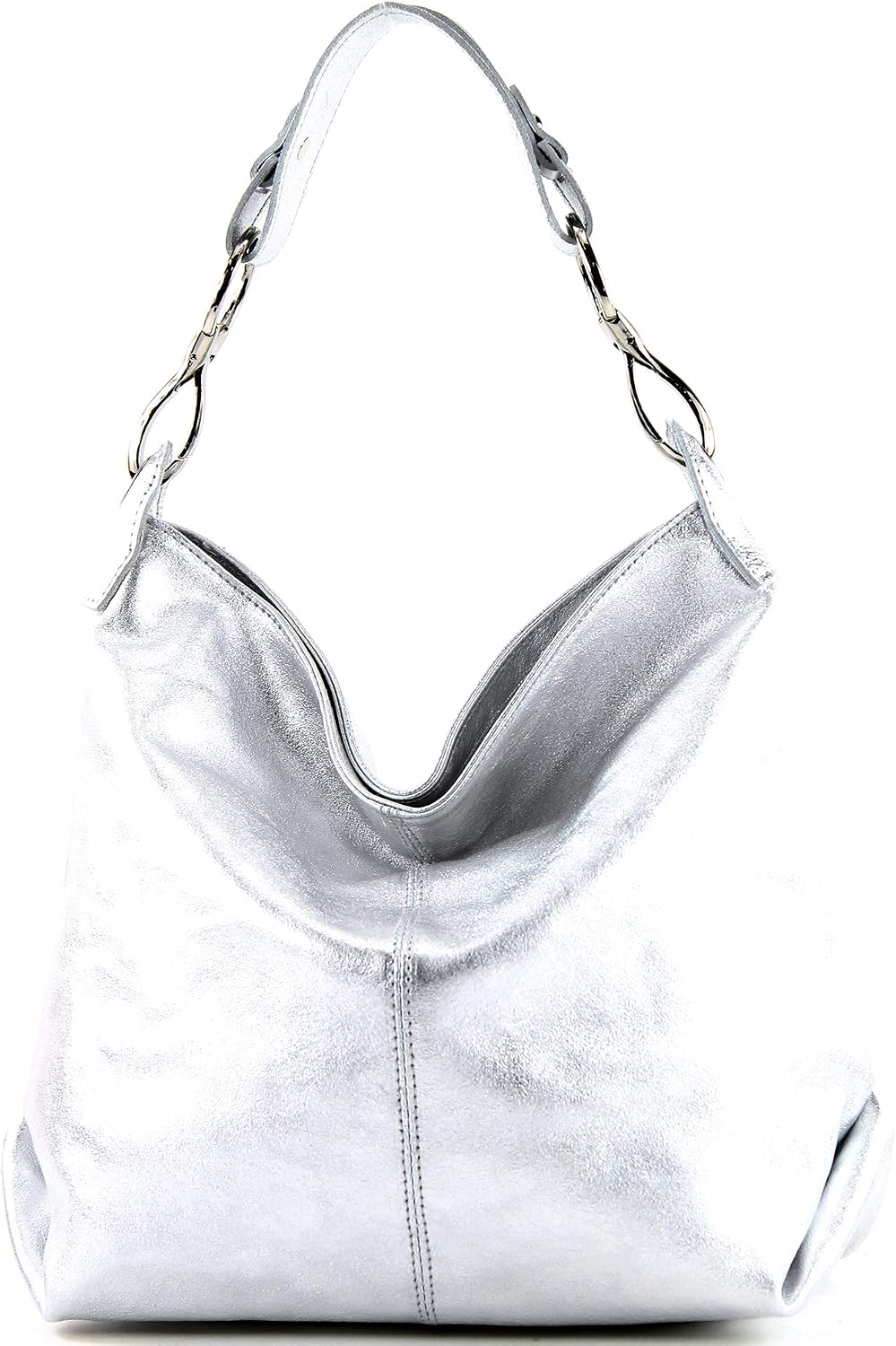 modamoda de T168 Damen Leder Schultertasche, handmade in Italy Silber-metallic, Silber-metallic