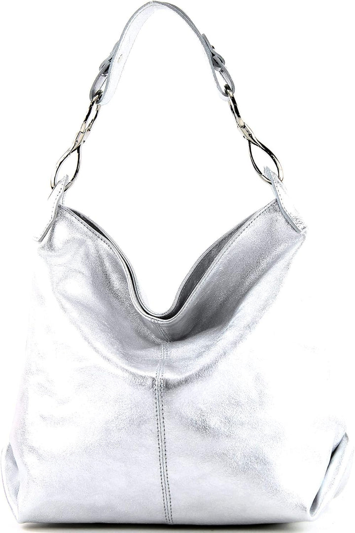 modamoda de T168 Damen Leder Schultertasche, handmade in Italy Silber-metallic, Silber-metallic