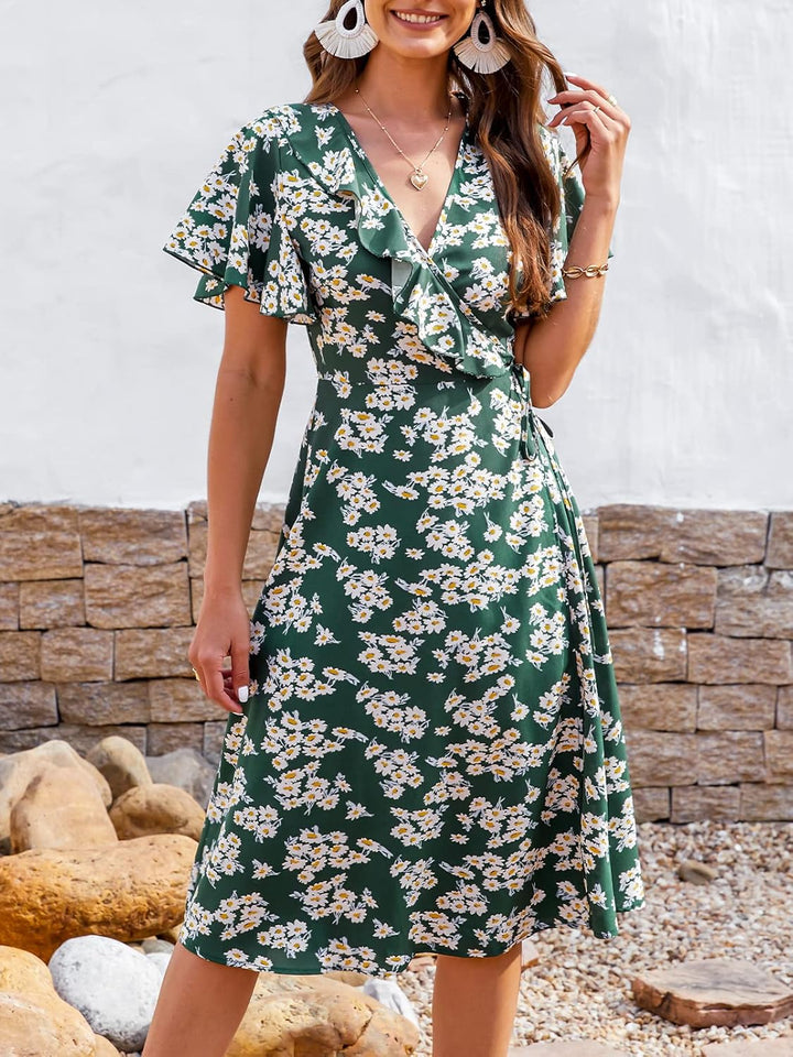 CUPSHE Damen Sommerkleid Rüschen V Ausschnitt Wickeloptik Kurzarm Blumenmuster Freizeitkleider Vinta