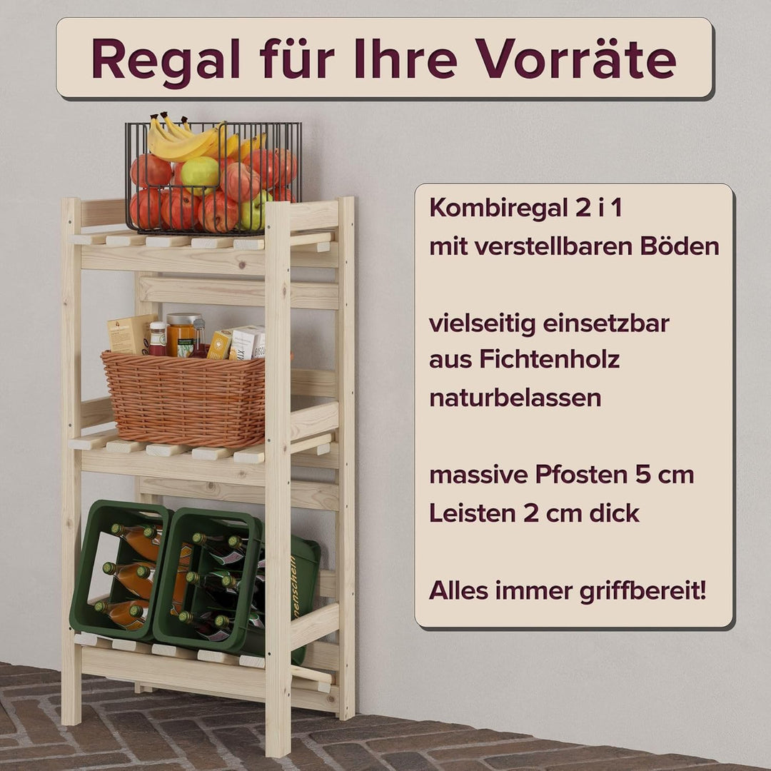 Erst-Holz Kombiregal schmal Vorratsregal, Kistenregal, Lagerregal aus Massivholz V-90.81-02 Doppelpa