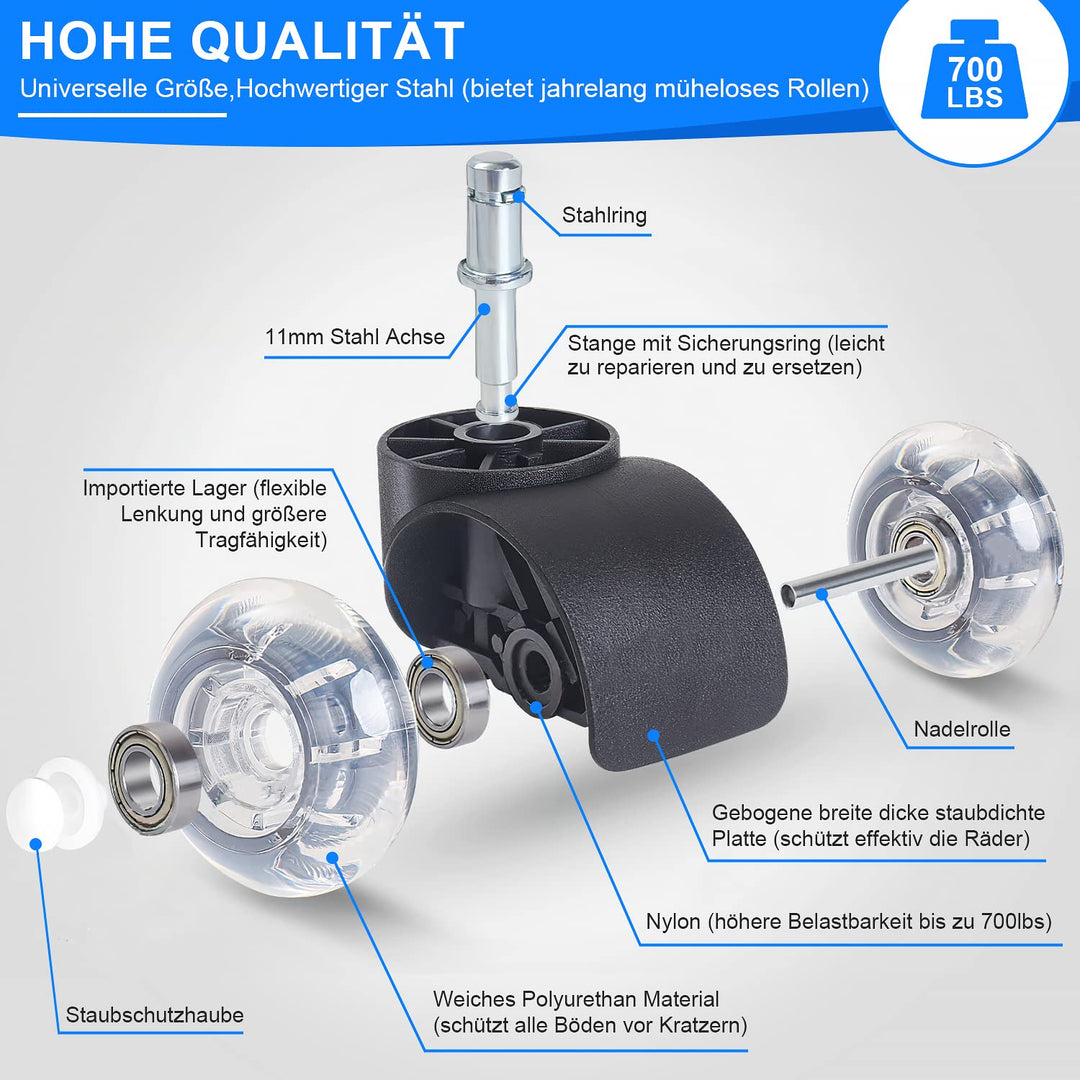 WOLAFOO Bürostuhl Rollen, Rollen für Bürostühle 11mm x 22mm, 360 Grad Drehbar Kratzfeste Hartbodenro