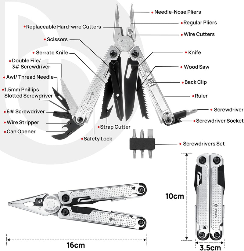 BIBURY Multitool Zange, Edelstahl Multi Tool mit verbessertem Seilschneider & Schraubenantrieb, Falt