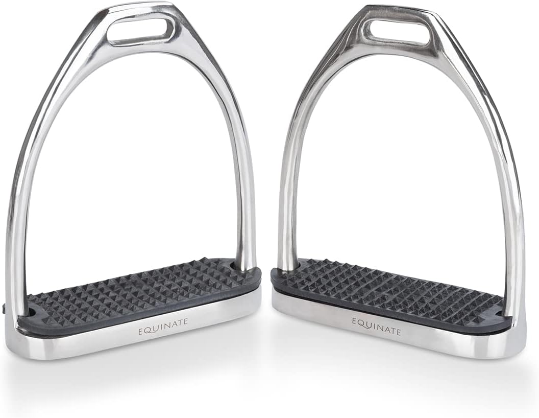Equinate Steigbügel Luna 10cm Edelstahl - Mit Anti-Rutsch Trittfläche aus Gummi - Für Erwachsene und