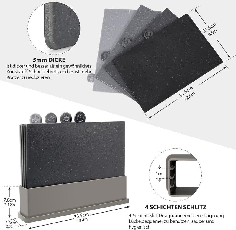 MASTERTOP Schneidebretter Kunststoff Set, 4er Schneidebrett Set mit Ständer, Index Schneidebrett Spü