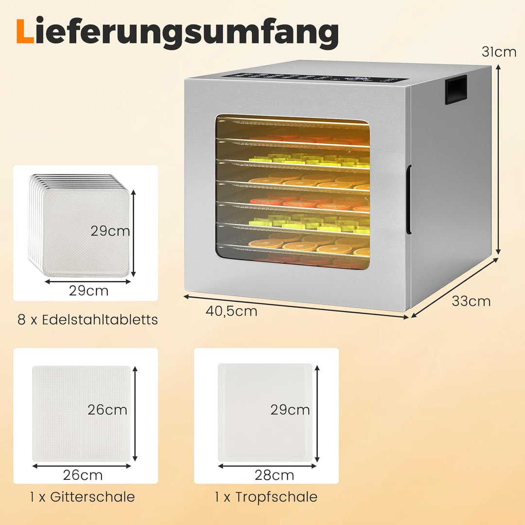 RELAX4LIFE Dörrautomat Edelstahl, 850W Dörrgerät mit 8 Einlegefächern & 48H-Timer, Dehydrator mit 35