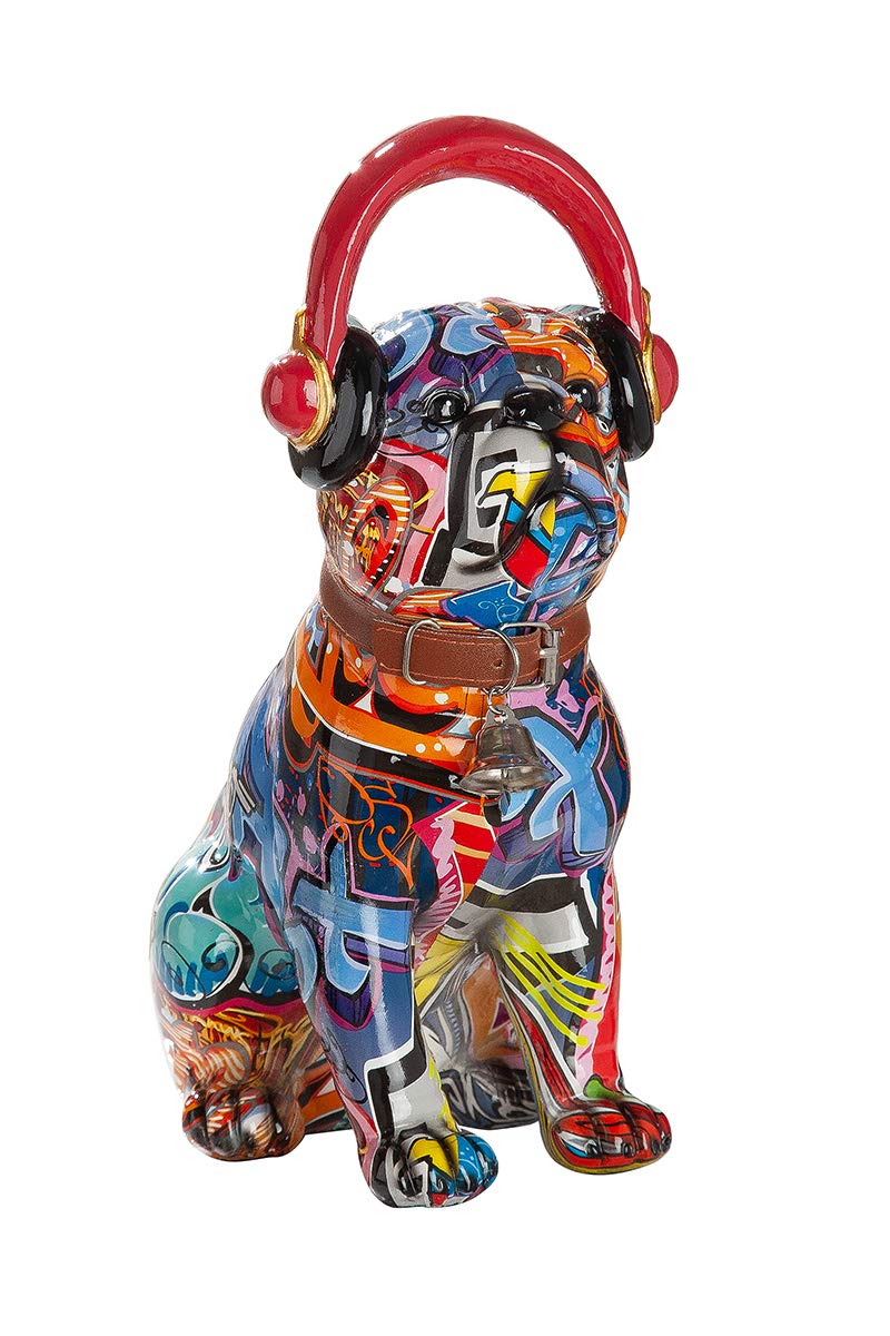Dreamlight Moderne Skulptur Dekofigur Mops mit Kopfhörern Hund POP Art aus Kunststein Mehrfarbig 13x
