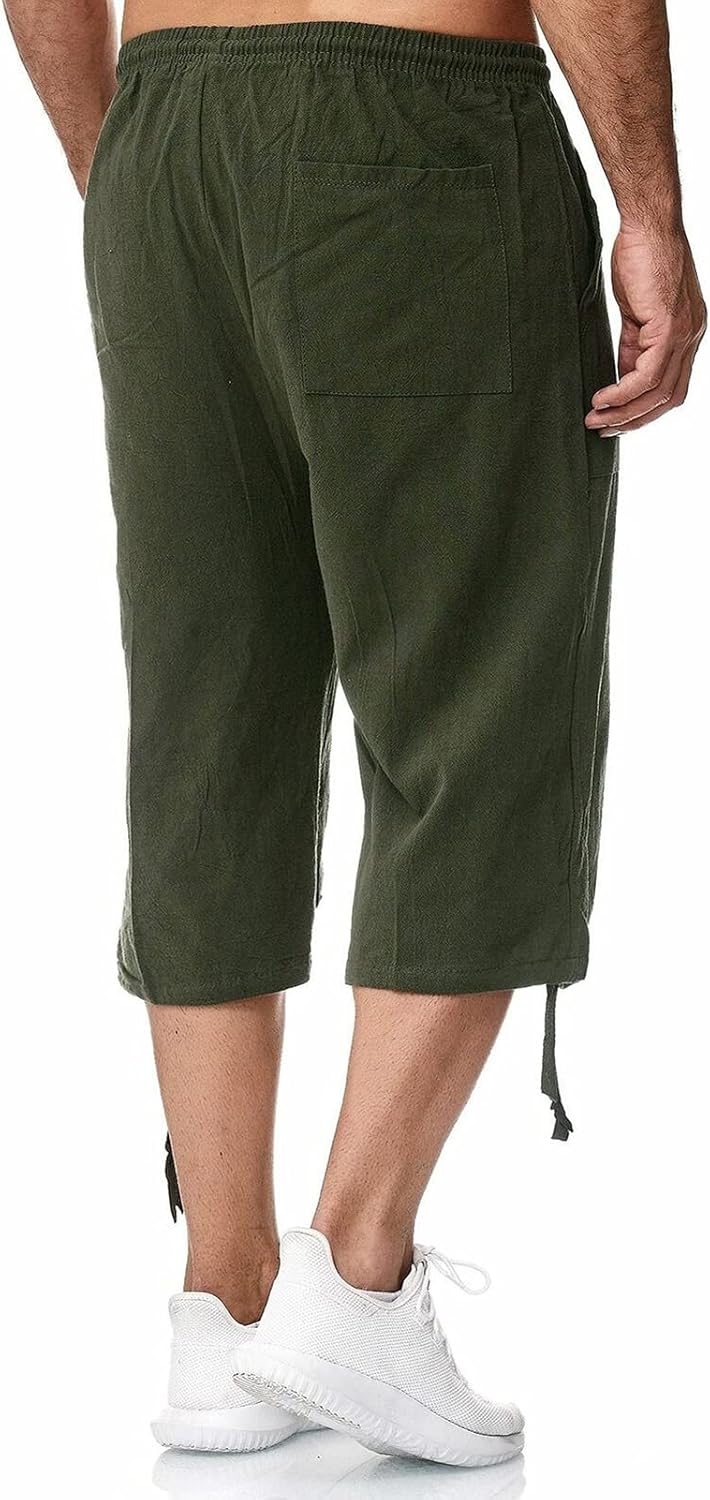 Remxi Herren-Shorts, 3/4-Leinen-Shorts, lockere Passform, Sommer, lässige Cargohose M Grün, M Grün