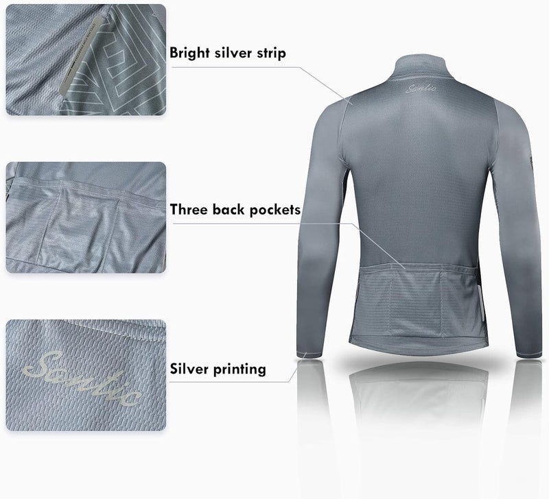 Fahrradtrikot Herren Langarm Radtrikot Winter Fahrradshirt Herren Atmungsaktiv mit Taschen, Grau