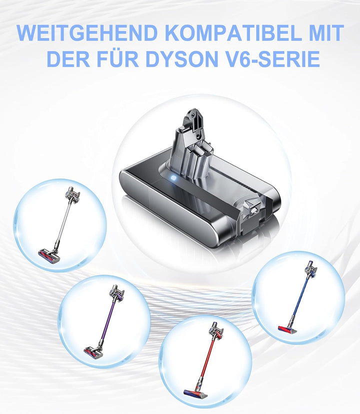 Verbessert Ersatzakku für Dyson V6, DC58, 6000mAh Li-Ionen Akku mit Leistungsdisplay für V6 Animal,