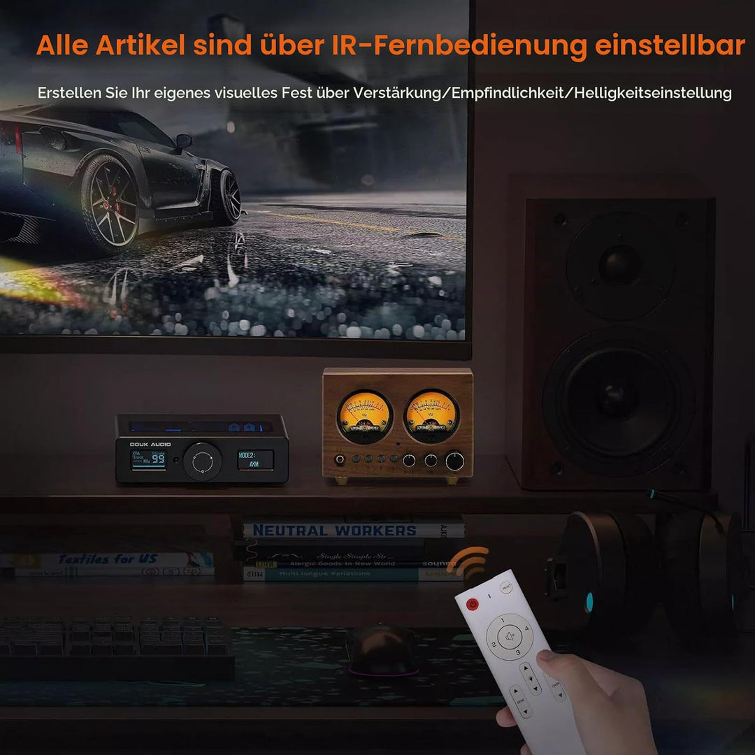 4-IN-1-OUT Audio Umschalter Stereo-Vorverstärker mit VU-Meter und Fernbedienung