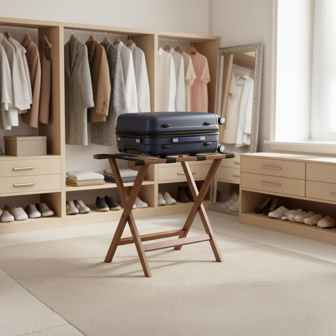 Relaxdays Kofferständer, klappbar, Premium-Bambus, HxBxT: 52x58x37,5 cm, Gepäckständer Gurte, Koffer