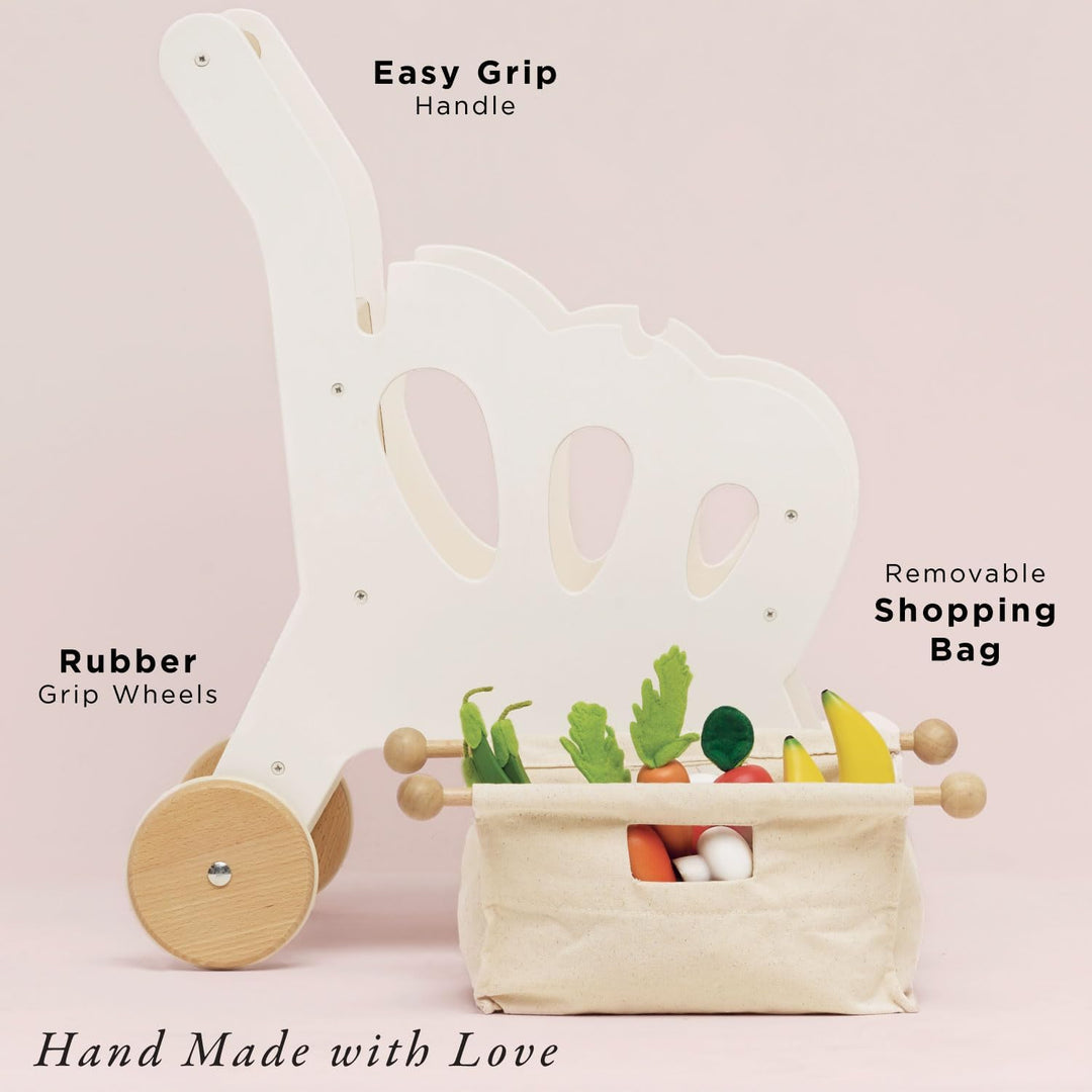 Le Toy Van – Honeybake Einkaufswagen aus Holz mit abnehmbarer Tasche | Supermarkt-Rollenspiel Lebens
