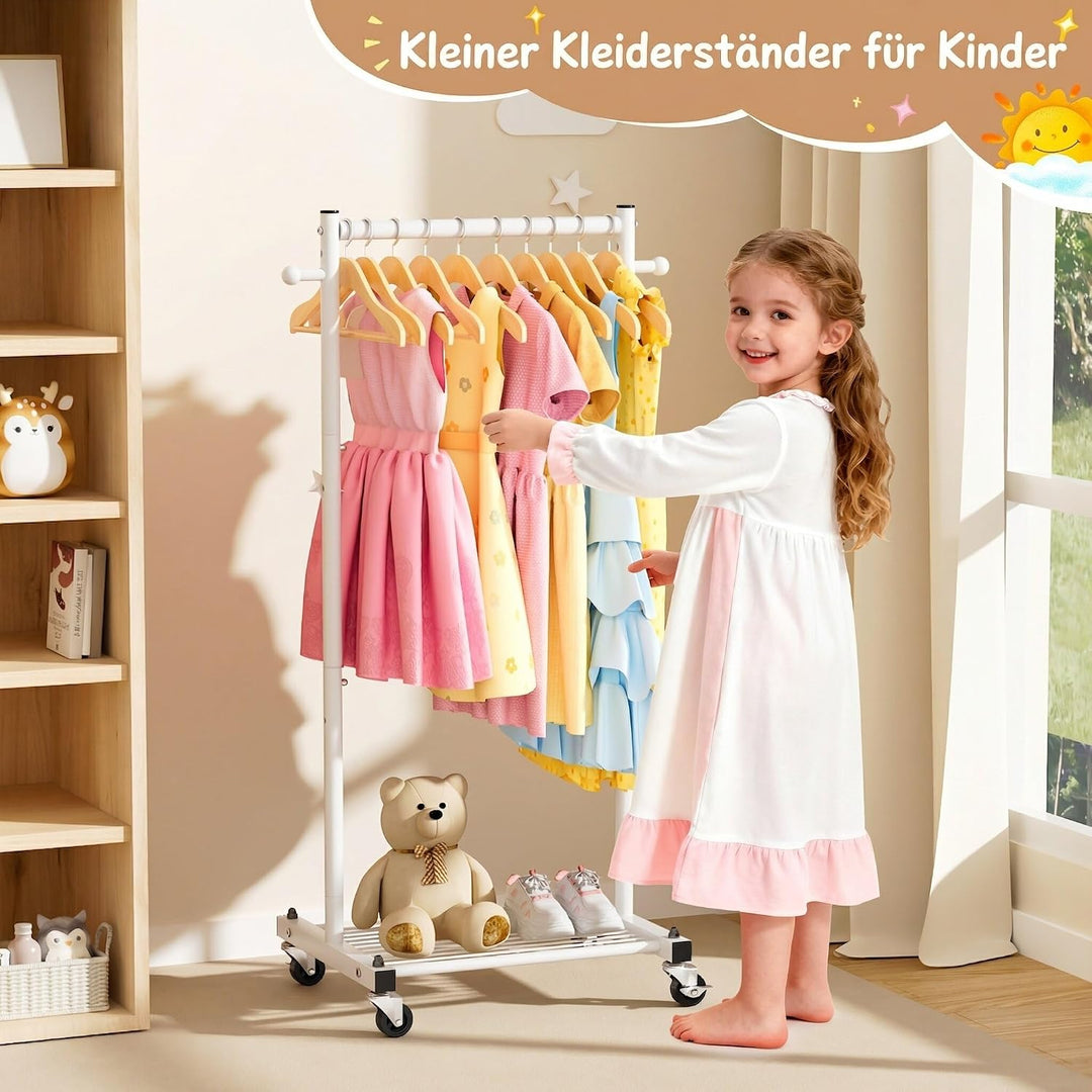 MISSLO Kinder Kleiderständer auf Rollen, 114cm Stabil Klein Kleiderstange mit Ablage, Metall Schmal