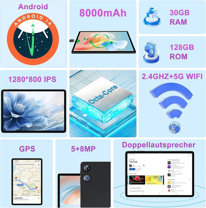 2026 Neueste Tablet 10 Zoll Android Octa-Core 22GB RAM+128GB ROM 2TB Erweiterbar, BT 5.0, 8000mAh, 8