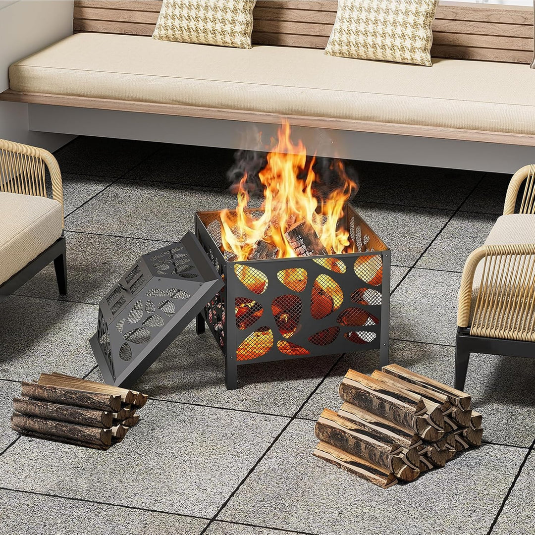 Feuerstelle aus Holz für den Aussenbereich, 40cm, Stahl Feuerstelle mit Mesh Funkenschutz für Campin