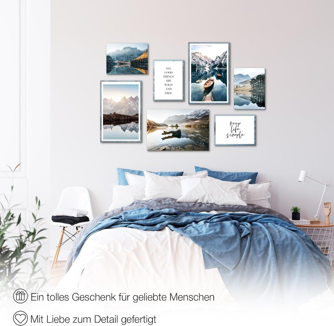 Novart Wandbilder Berge und See - KOMPLETT AUFHÄNGFERTIG - Natur Wohnzimmer Schlafzimmer Flur - 7 Mo