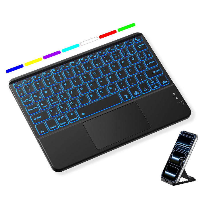 Vobafe Bluetooth Tastatur mit Touchpad, Kabellose 7-farbiges Backlight QWERTZ Tablet Keyboard, Trale