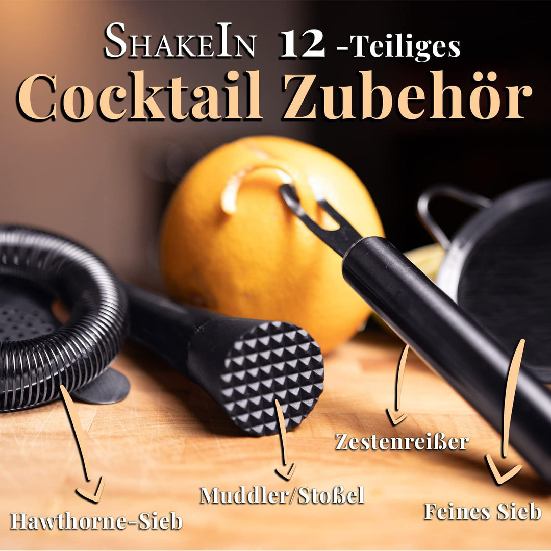 SHAKEIN Cocktail Set 12-teilig | Edles Cocktail Shaker Set in Schwarz | Grosses Cocktail Mix Set | 7