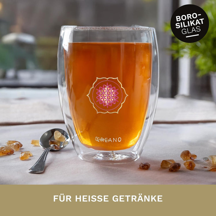 Creano doppelwandiges Tee-Glas, Latte Macchiato, Thermobecher Blume des Lebens | 250ml, in exklusive
