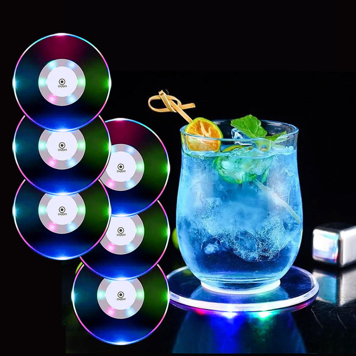 6er-Set Bunt LED Untersetzer für Getränke, ON/Off Wasserdicht Rund Untersetzer Acryl für Gläser Flas
