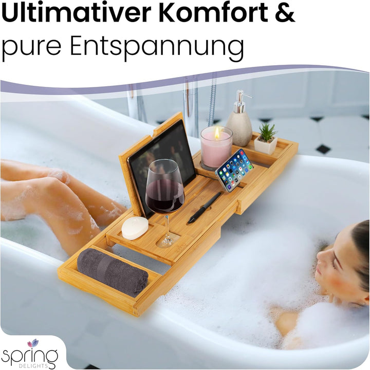 Badewannen-Set: Luxus Bambus Badewannenablage &amp; Ergonomisches Badewannenkissen - Weinglashalter, Tab