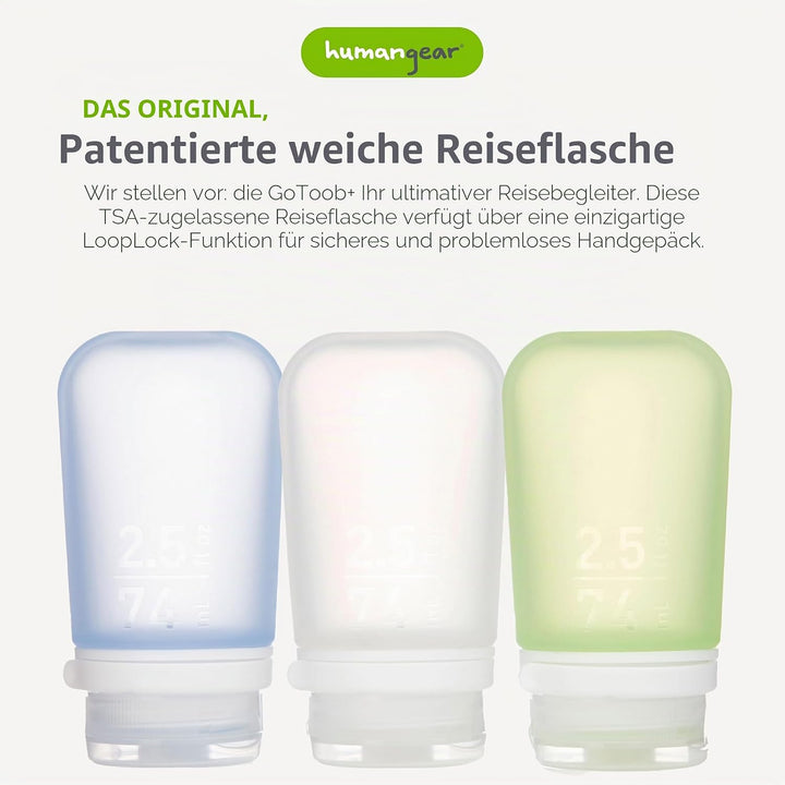 humangear Gotoob+ Silikon-Reiseflasche mit Verschlusskappe, 3er-Pack, mittelgross (71 ml) M Klar/Grü