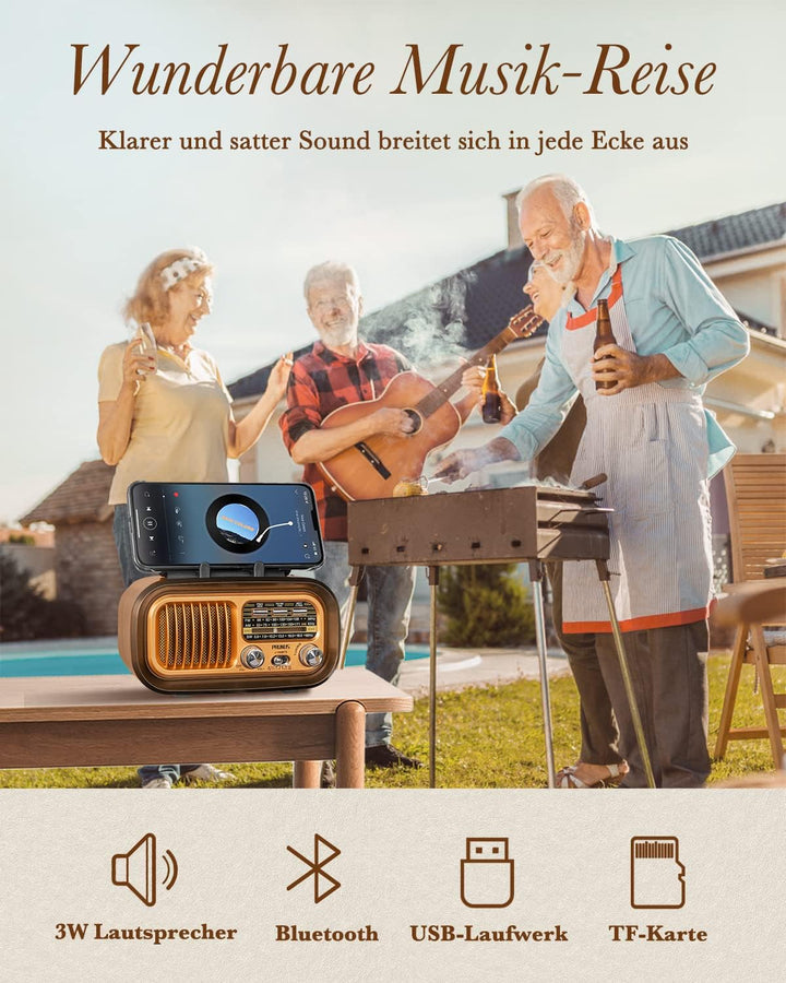 PRUNUS J-150 AM/FM/SW Retro Radio Klein, Kofferradio Betrieben mit 1200mAh Akku oder D-Zellen Batter