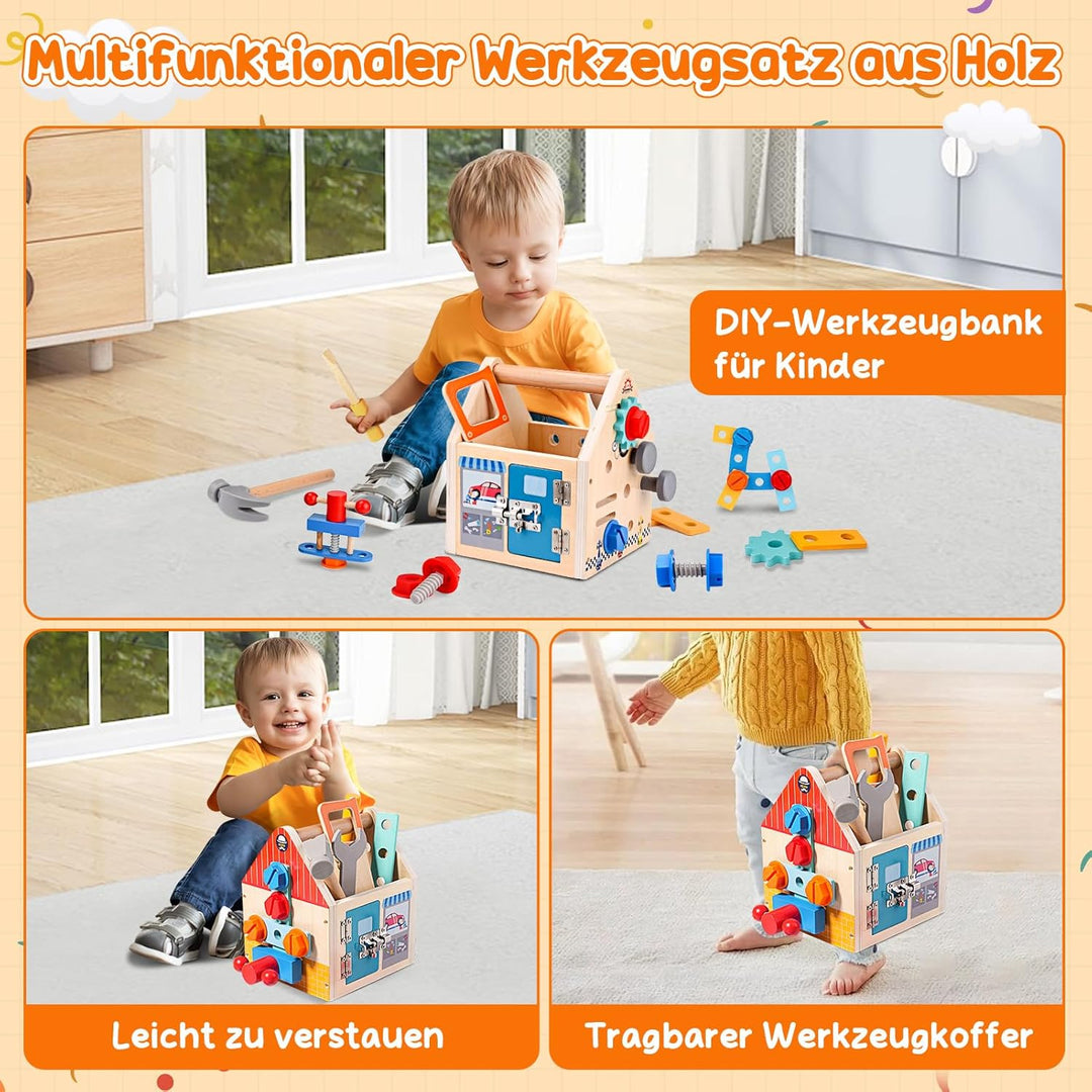 Werkzeugkoffer Kinder – Montessori Werkzeugkoffer Holz –Holzspielzeug Werkzeugkasten für Kinder ab 3