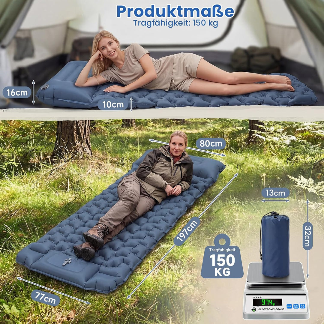 HAUSPROFI Isomatte Camping Luftmatratze extra breit, Ultraleicht, aufblasbar – mit integriertem Kiss