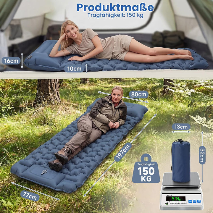 HAUSPROFI Isomatte Camping Luftmatratze extra breit, Ultraleicht, aufblasbar – mit integriertem Kiss