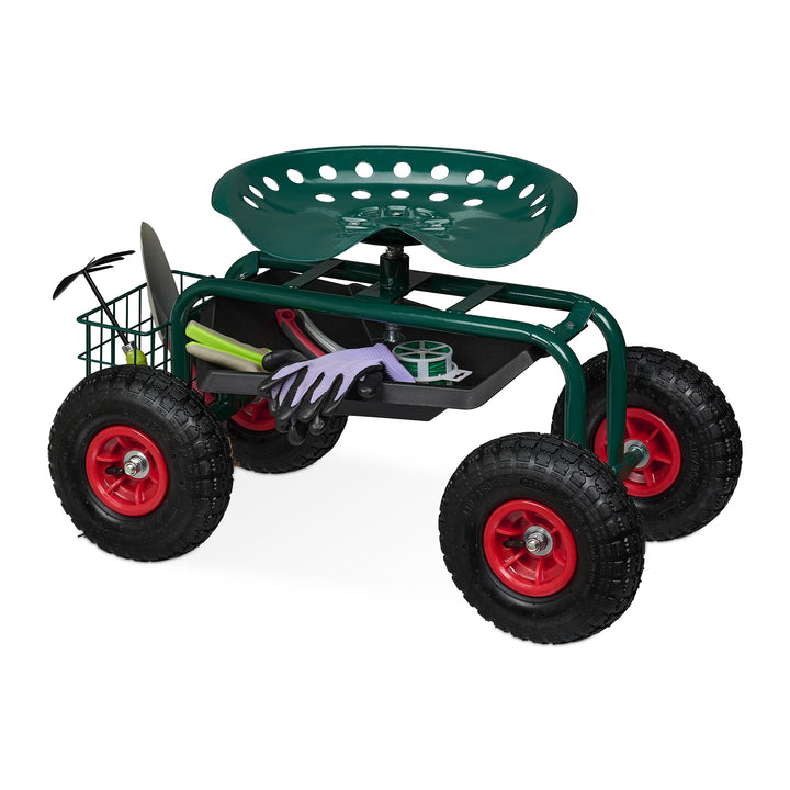 Relaxdays fahrbarer Gartensitz, höhenverstellbar, 150 kg, Stauraum, Rollsitz für Gartenarbeit, Stahl