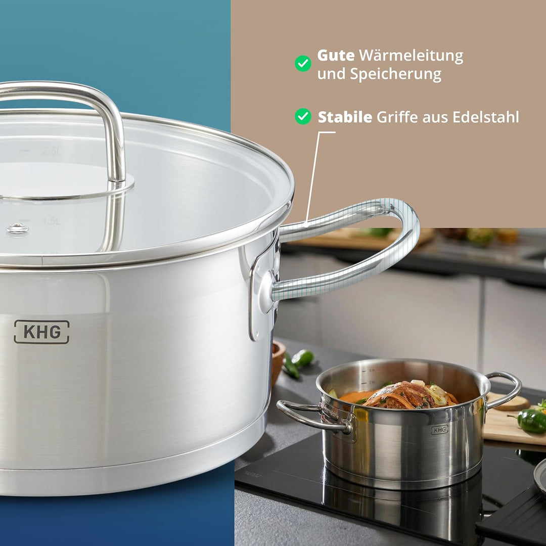 KHG Topf Kochtopf Bratentopf 20 cm Induktion, Edelstahl unbeschichtet inkl. Glasdeckel | 9,5 cm hohe