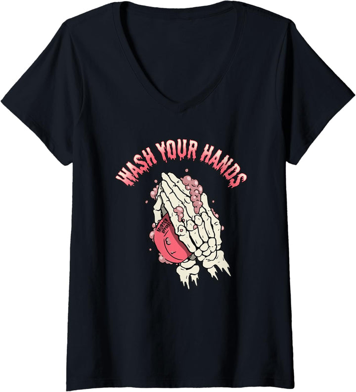 Damen Wash Your Hands Skelett Betend T-Shirt mit V-Ausschnitt