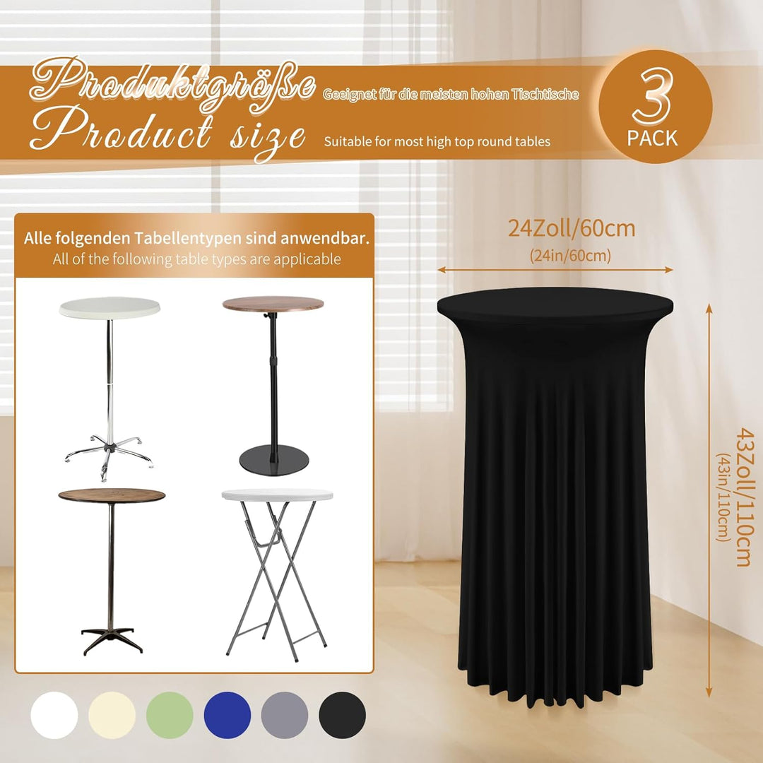 3 Packs Spandex Cocktail Tischdecke mit Röcken 60x110cm, schwarzer Stretch Cocktail Tischtuch für ho