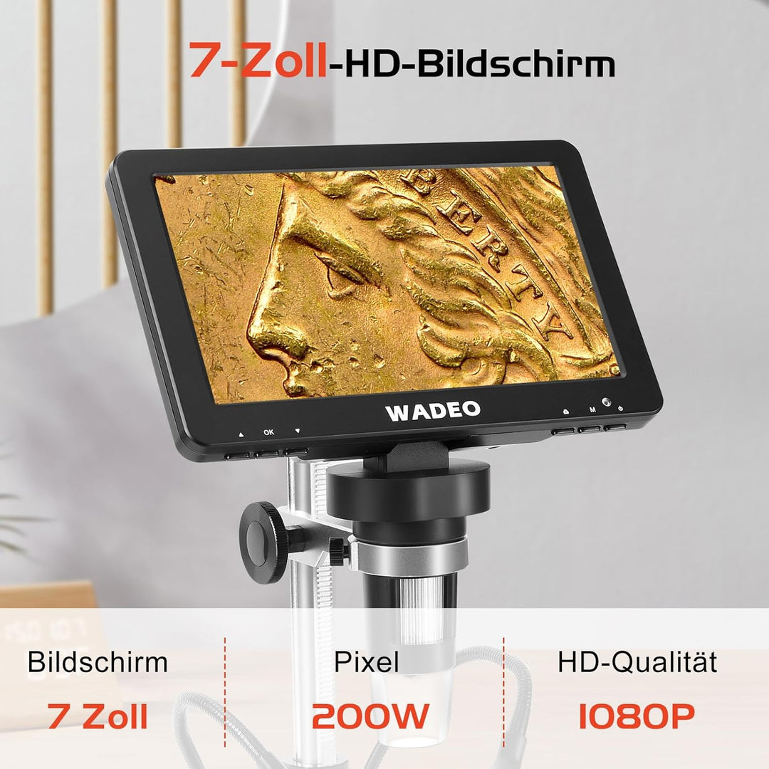 WADEO 7" LCD Digitalmikroskop 1200X, 1080P HDMI Videomikroskop mit Metallständer, LED Fülllichter, U
