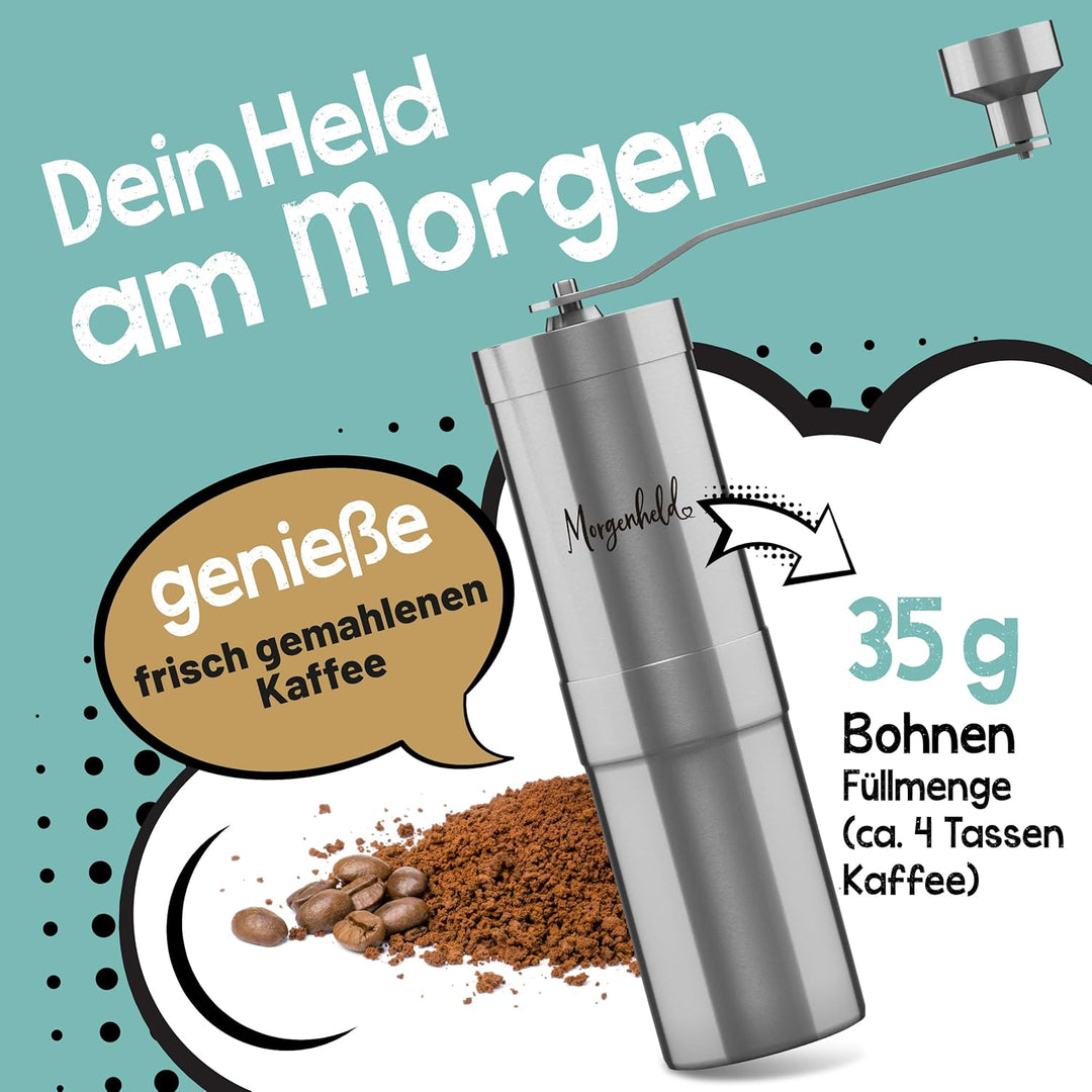 Morgenheld Kaffeemühle Edelstahl manuell stufenloses Keramikmahlwerk mechanische Hand Kaffee Mühle K